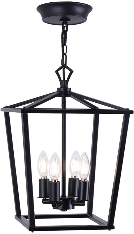 Photo 1 of 19.1" Farmhouse Chandelier 4-Light Black Lantern Pendant Light Fixture Industrial Vintage Lantern Iron Cage Hanging Light for Dining Room Kitchen Island Hallway Foyer
