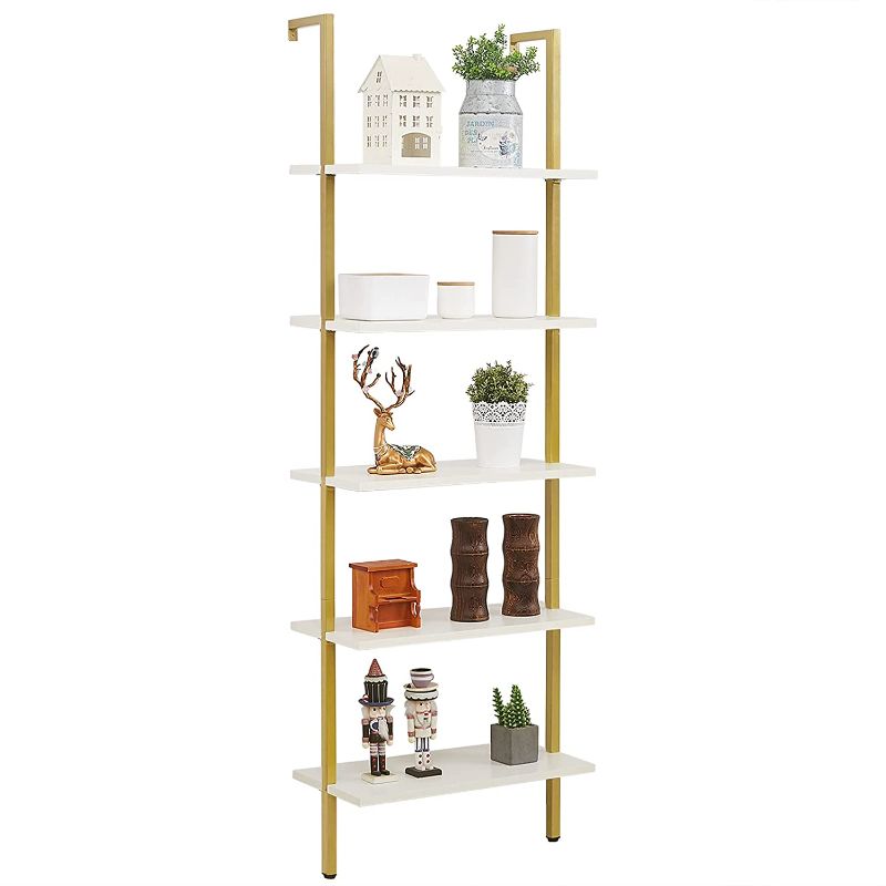 Photo 1 of SUPERJARE Industrial Ladder Shelf, 5-Tier Wood Wall-Mounted Bookcase with Stable Metal Frame, 72 Inches Storage Rack Shelves Display Plant Flower, Stand Bookshelf for Home Office - White / Gold
