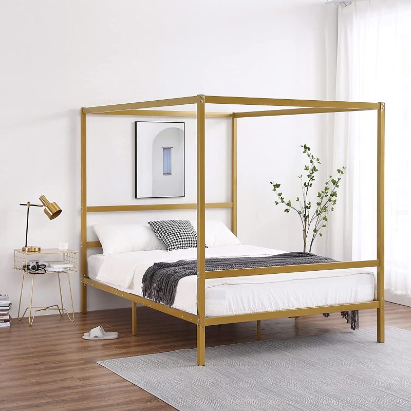 Photo 1 of  Canopy Bed Frame, Metal Bed Frame with Headboard, Gold full 