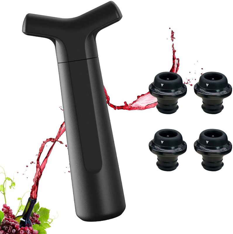 Photo 1 of 2 Limx Oasis Reusable Wine Vacuum Preserver Kit,Contains 1 Durable Manual Vacuum Pump and 4 Time Scale Silicone Bottle Stoppers- Keeps Wine Fresh up to 7 Days P01 Black
