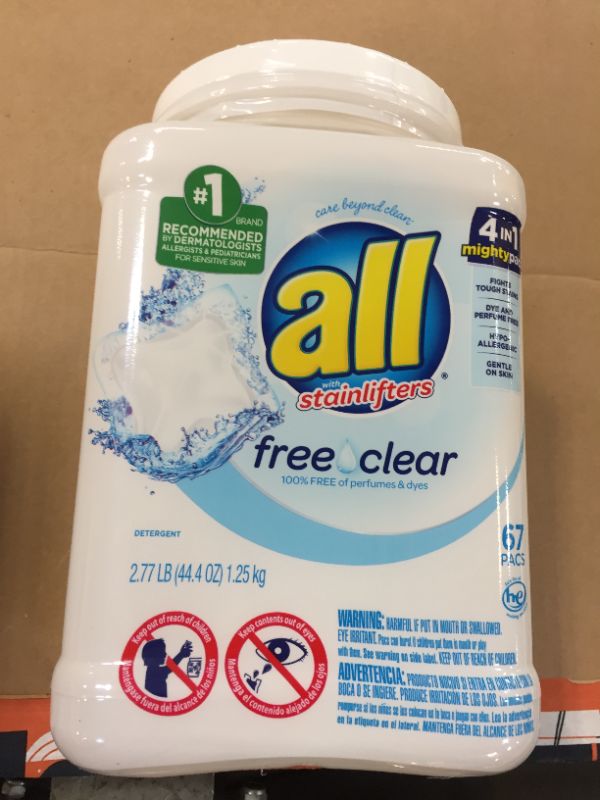 Photo 1 of 2 all Mighty Pacs Laundry Detergent Pacs, Free Clear for Sensitive Skin, Unscented and Dye Free, 67count 