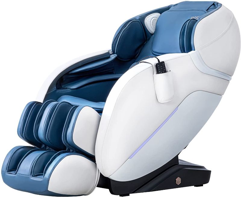 Photo 1 of iRest SL Track Massage Chair Recliner, Full Body Massage Chair with Yoga Stretching, Zero Gravity, Bluetooth Speaker, Airbags, and Thai Foot Massage, Space-Saving (Blue & White)
