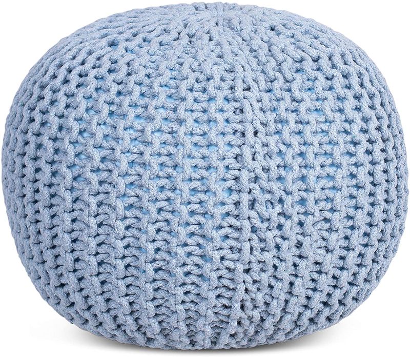 Photo 1 of BIRDROCK HOME Round Pouf Foot Stool Ottoman - Knit Bean Bag Floor Chair - Cotton Braided Cord - Great for The Living Room, Bedroom and Kids Room - Small Furniture (Soft Blue)
