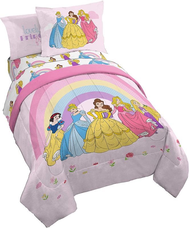 Photo 1 of Disney Princess Rainbow 5 Piece Twin Bed Set - Includes Comforter & Sheet Set - Bedding Features Aurora, Belle, & Cinderella - Super Soft Fade Resistant Microfiber (Official Disney Product)
