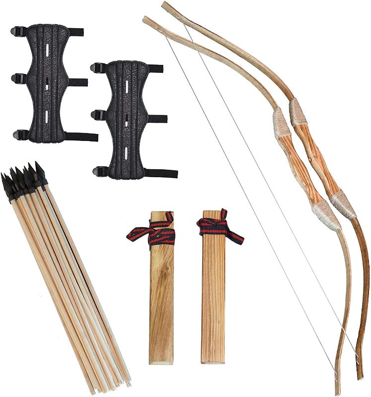 Photo 1 of Clever Warrior - Wooden Bow and Arrow for Kids - 2 Sets with Arm Guards - 20 Arrows, 2 Bows, 2 Quivers and 2 Arm Guards - Kids Beginner Archery Set for Outdoor Play and Backyard Games
