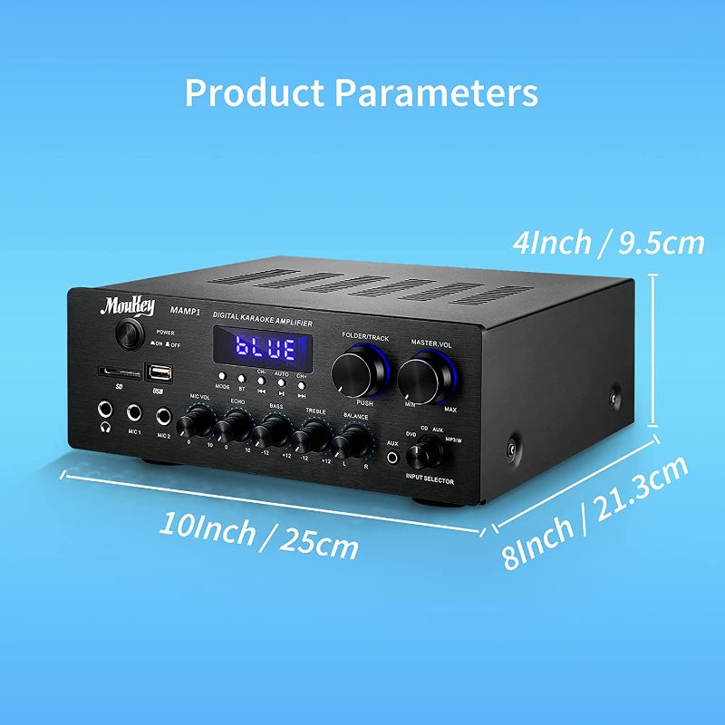 Photo 1 of Moukey Bluetooth 5.0 Stereo Amplifier - Home Audio Power Amplifier, 220W Dual Channel Wireless Sound Audio Stereo Receiver System w/ USB, SD, AUX, MIC IN w/ Echo, Radio, LED - for Home Theater Entertainment via RCA, Studio Use MAMP1
