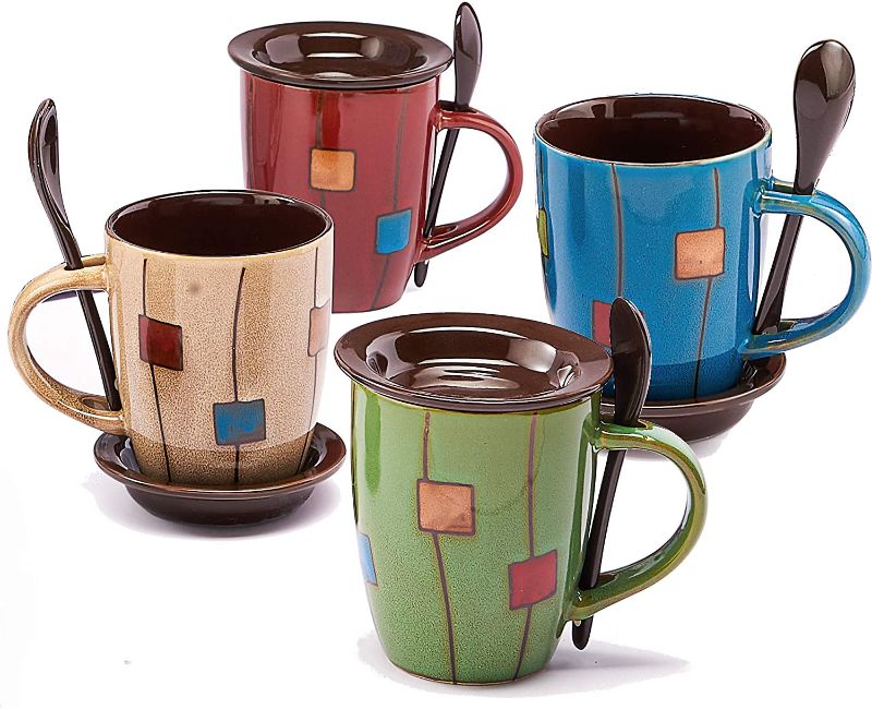 Photo 1 of 12 oz. Coffee Mugs, Great for Coffee, Tea and Cappuccino. Includes 4 Assorted Color Ceramic Cups with Saucers and Spoons by - BUREN CERAMICS
