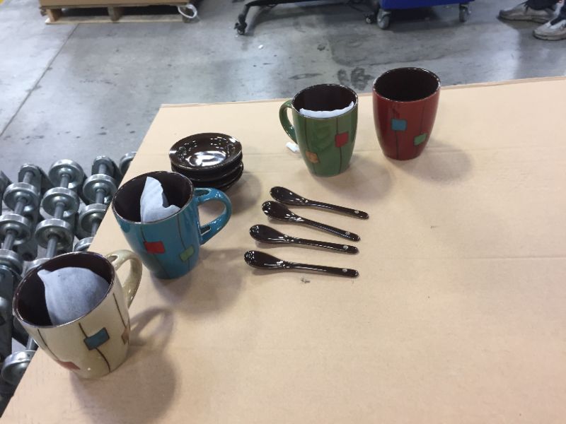 Photo 1 of 12 oz. Coffee Mugs, Great for Coffee, Tea and Cappuccino. Includes 4 Assorted Color Ceramic Cups with Saucers and Spoons by - BUREN CERAMICS
