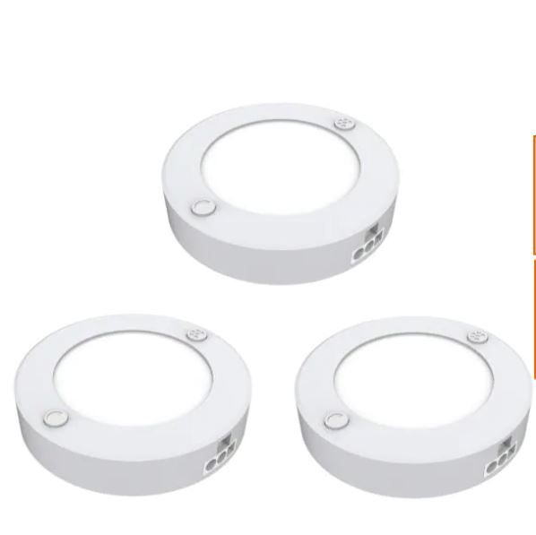 Photo 1 of 3 in. Plug-in White Linkable Onesync Under Cabinet Integrated LED Puck Light with Color Changing CCT (3-Pack)
