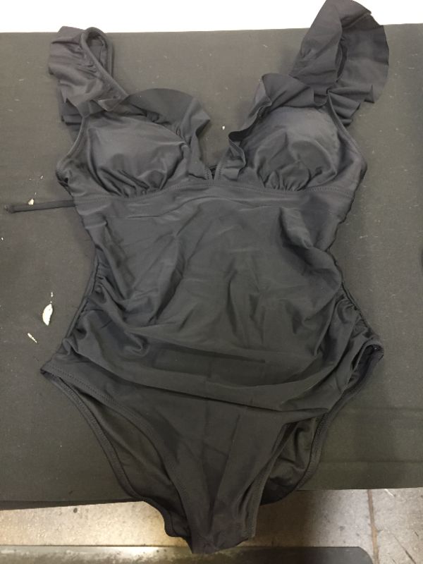 Photo 1 of CUPSHE SOLID BLACK RUFFLED ONE PIECE SWIMSUIT LARGE
