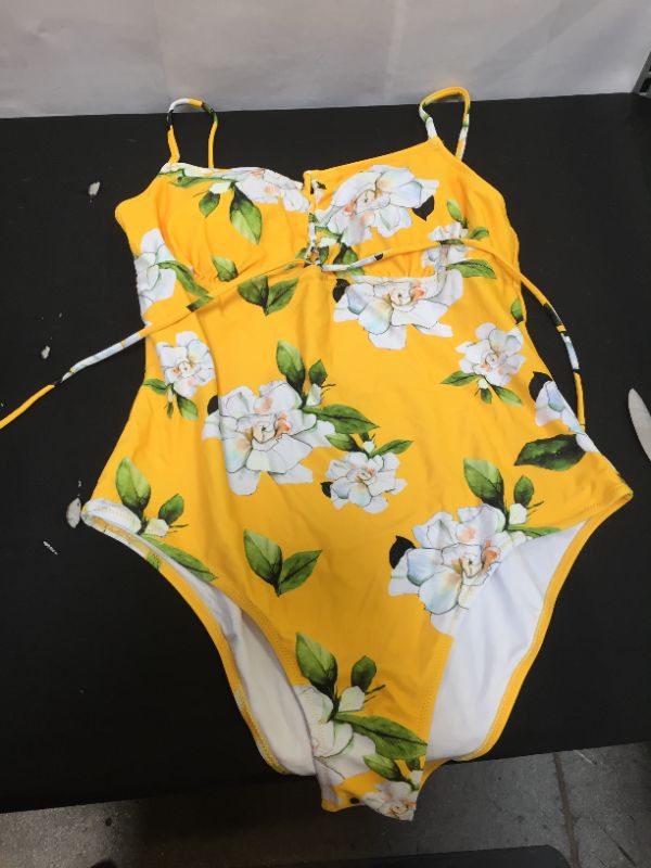 Photo 2 of CUPSHE YELLOW FLORAL PRINT ONE PIECE SWIMSUIT LACE UP FRONT XL