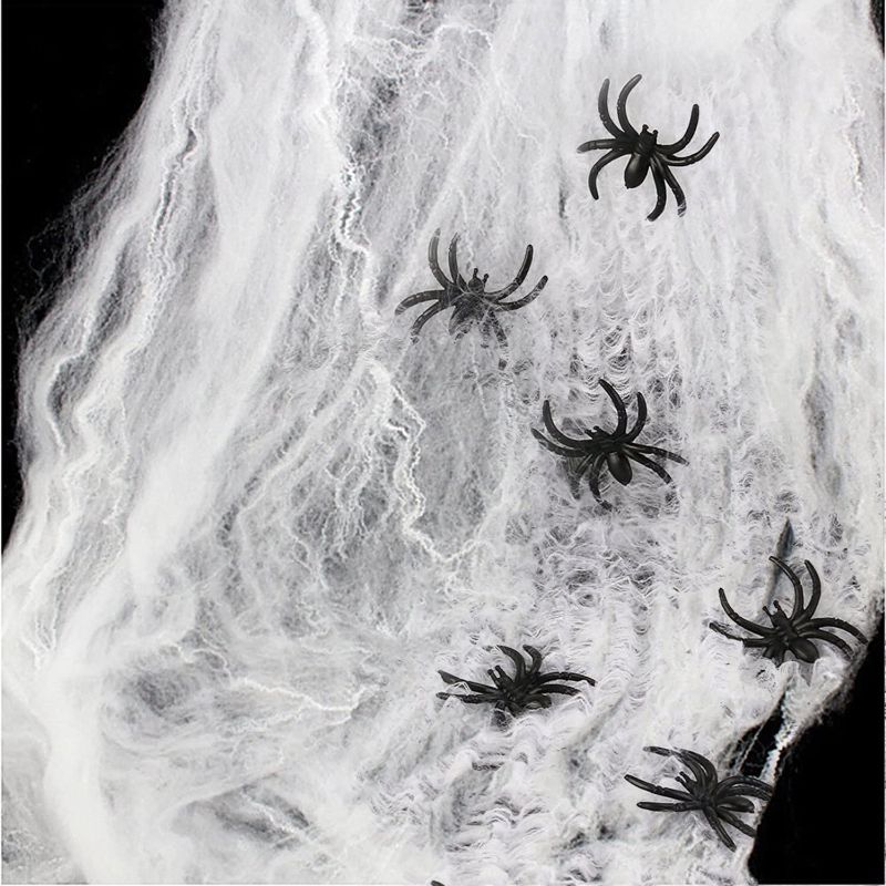 Photo 1 of  Halloween Stretch Spider Webs Indoor & Outdoor Spooky Spider Webbing with Fake Spiders for Halloween Decorations
