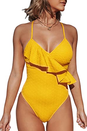 Photo 1 of CUPSHE WOMEN'S YELLOW RUFFLES LOACE UP BACK CRISSCROSS ONE PIECE SWIMSUIT MEDIUM