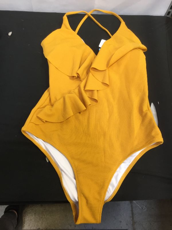 Photo 2 of CUPSHE WOMEN'S YELLOW RUFFLES LOACE UP BACK CRISSCROSS ONE PIECE SWIMSUIT MEDIUM