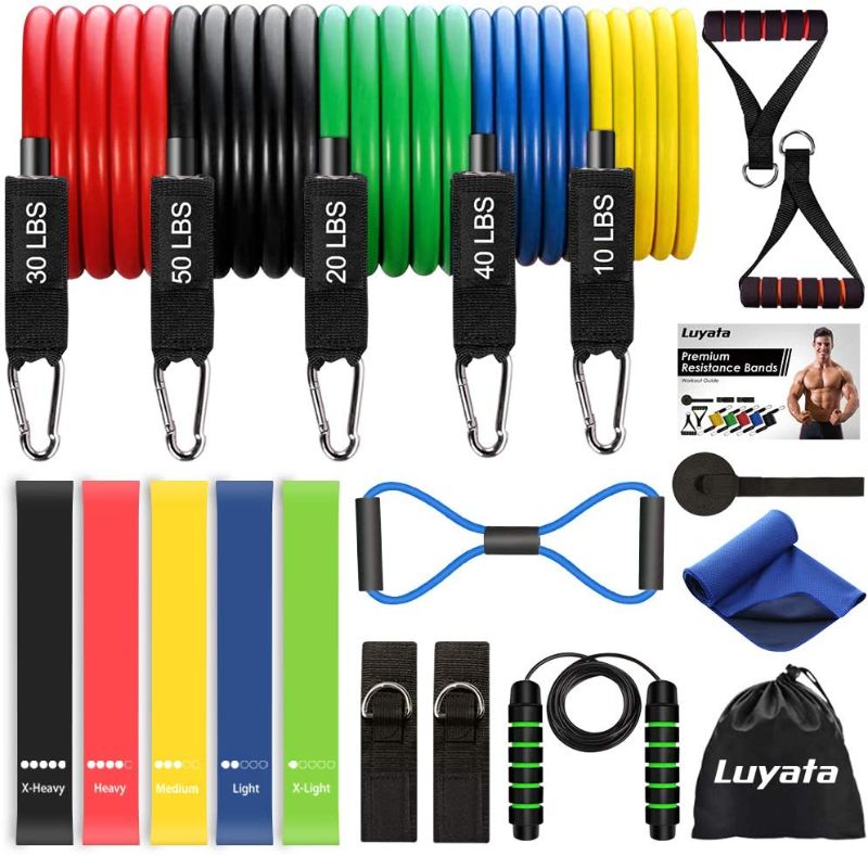 Photo 1 of 19pcs Resistance Bands Set Workout Bands with 5 Stackable Exercise Bands 5 Resistance Loop Bands, Door Anchor, Ankle Straps,Jump Rope, Carry Bag, Exercise Towel
