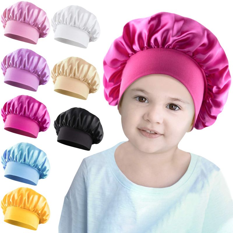 Photo 1 of Duufin 8 Kids Bonnet Wide Band Sleeping Caps Satin Hair Bonnet Sleeping Bonnets Night Sleep Hat for Toddler Children Baby 2 PACKS OF 8=16 Bonnets total
