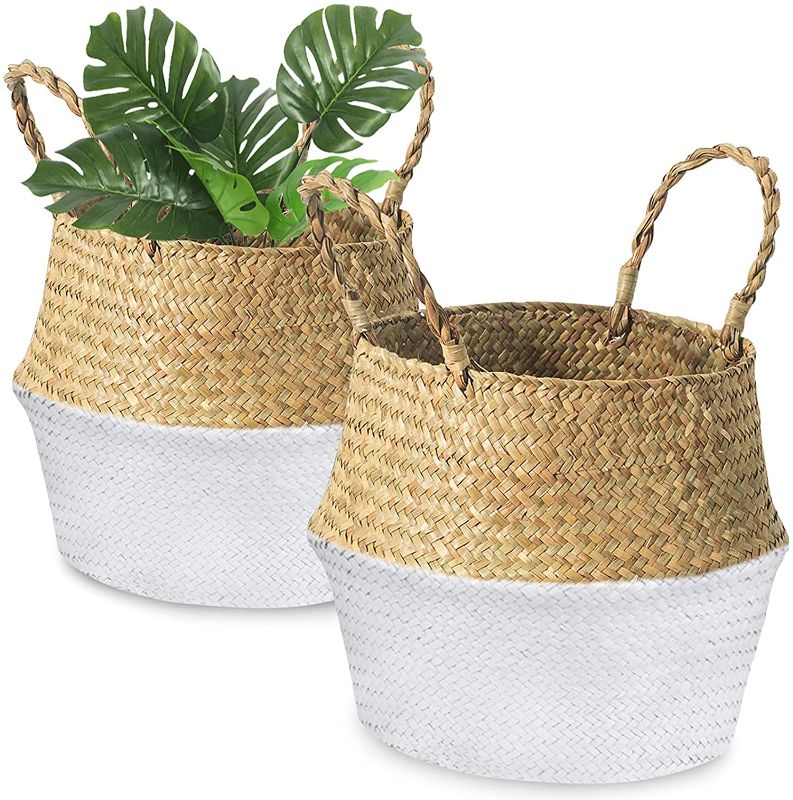 Photo 1 of Yesland 2 Pcs Seagrass Plant Basket - Woven Picnic Basket with Handles - Ideal Belly Basket for Storage Plant Pot Basket, Laundry, Picnic, Plant Pot Cover, Beach Bag and Grocery Basket (M))
