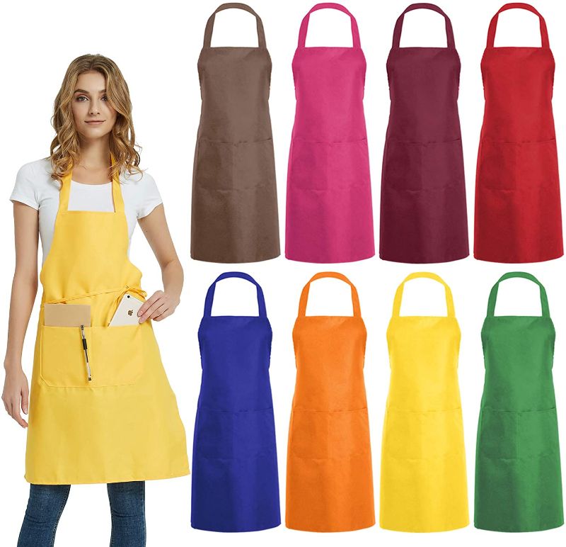 Photo 1 of DUSKCOVE 8-Pack Aprons, Commercial Black Unisex Apron with 2 Pockets for Kitchen, Roast Beef, Crafts, Drawing and Cooking
