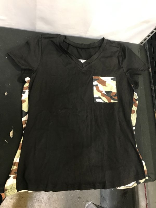 Photo 1 of WOMEN'S MEDIUM V NECK SHORT SLEEVE BLACK/CAMO SHIRT WITH POCKET