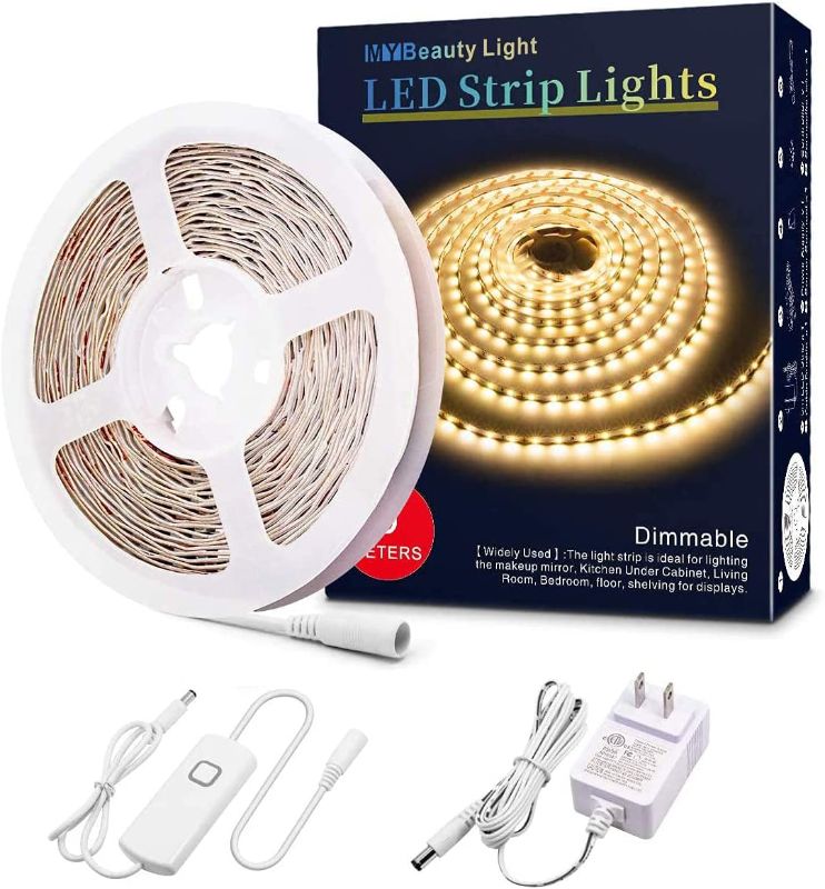 Photo 1 of 16.4ft LED Strip Light, Warm White Light, Dimmable LED Strip Light, 300 Bright 2835 LEDs, Self Adhesive, 12V, Flexible LED Strip Light for Kitchen Cabinet, Mirror, Bedroom, Home Closet, Party Decor
