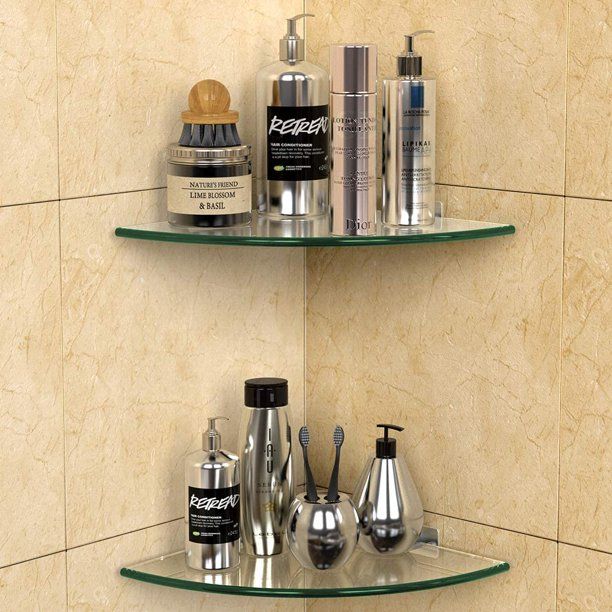 Photo 1 of GeekDigg 2 Pack Glass Shelf, Corner Shower Caddy Shelf Basket Shampoo Holder Organizer, No Drilling Adhesive Wall Mounted Bathroom Shelf with Aluminum Brackets
