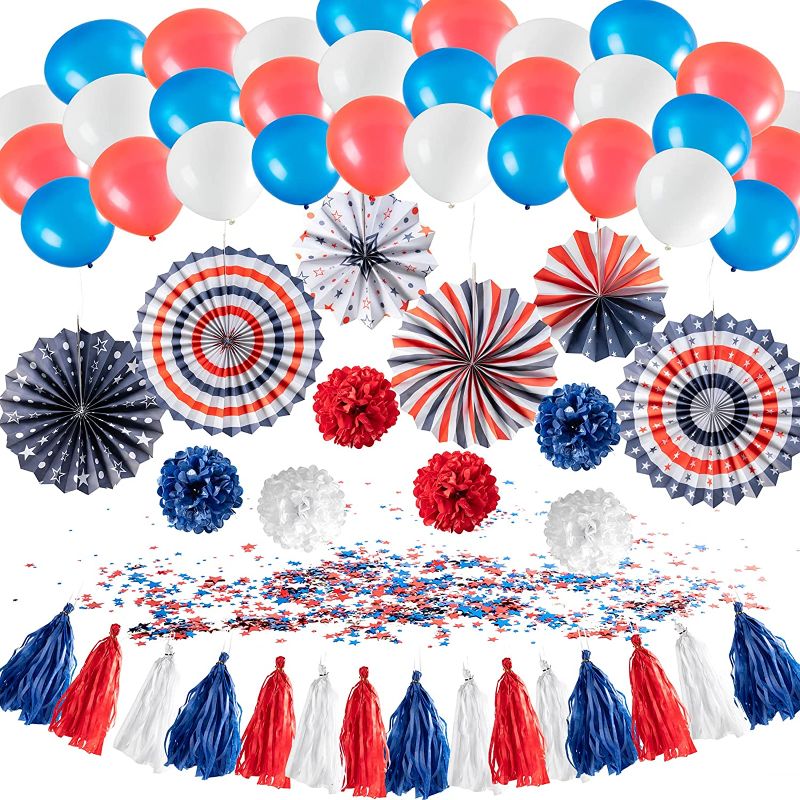 Photo 1 of 58 Pcs Patriotic Party Decorations - American Flag Party Supplies, Included Paper Fans, Balloons, Star Confetti, Pom Poms, Tissue Paper Tassel Garland for 4th July Independence Day Decoration

