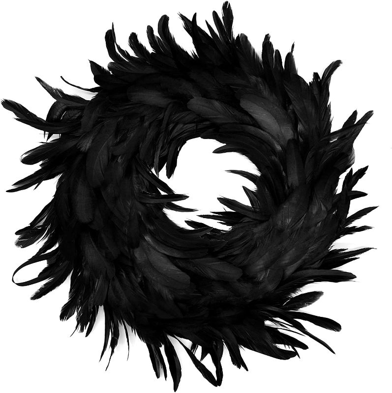 Photo 1 of 18 INCH HALLOWEEN NATURAL FEATHER WREATH, BLACK WITH ROPE FOR HALLOWEEN DOOR DECORATIONS