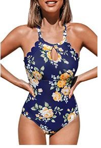 Photo 1 of CUPSHE Women's One Piece Swimsuit Floral Print High Neck Scallop Bathing Suit
