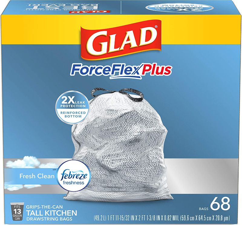 Photo 1 of Glad ForceFlexPlus Tall Kitchen Drawstring Trash Bags, 13 Gal, 68 Ct (Package May Vary)
