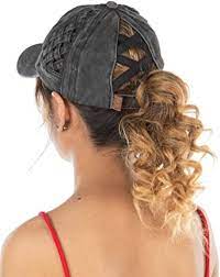 Photo 1 of Criss Cross Hat Women's Baseball Cap Distressed Ponytail - Hello Sunshine - Black