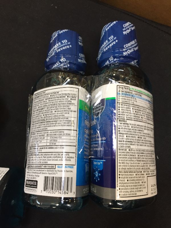 Photo 1 of Amazon Basic Care Vapor Ice Nighttime Severe Cold and Flu, Pain Reliever and Fever Reducer, Nasal Decongestant, Antihistamine and Cough Suppressant, 12 Fluid Ounces ( 2 pack ) exp- 12/2022