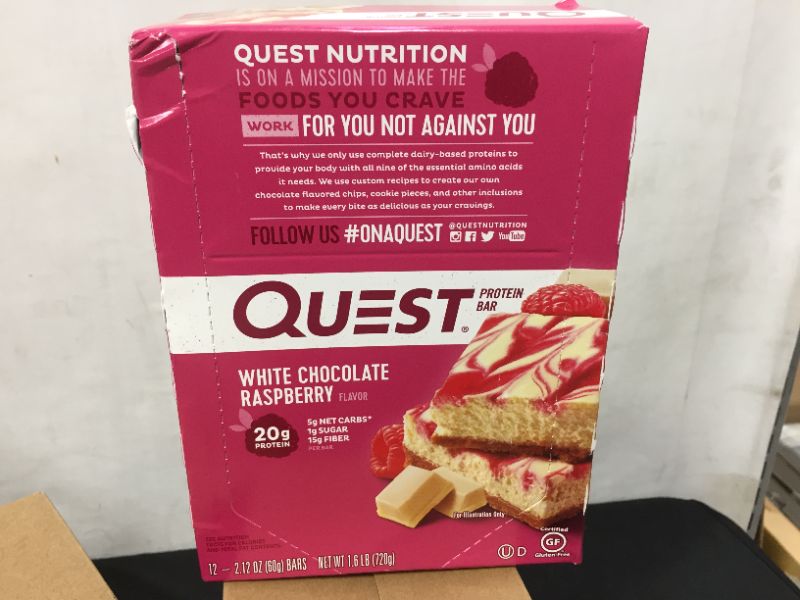 Photo 1 of 12 count --Quest protein bar white chocolate raspberry bar  best by 07-2022