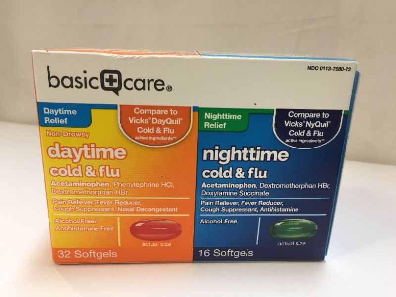 Photo 2 of Amazon Basic Care Cold Flu Relief Multi-Symptom Daytime Night time Combo Pack Softgels; Cold Medicine BEST BY 01-2022  FABRIC SEALED