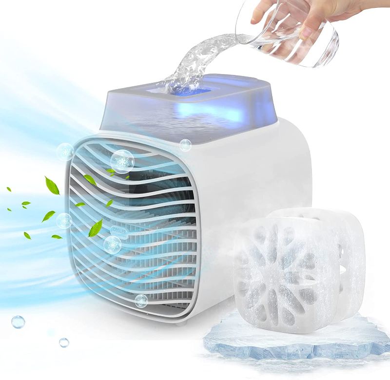 Photo 1 of Mini aire acondicionado portátil recargable, luz LED portátil con 2 cajas de cristal de hielo, tanque de agua de 15.7 fl oz, 3 velocidades de viento acondicionado personal USB portátil para el hogar, habitación pequeña, oficina, dormitorio, coche (CL-04)
