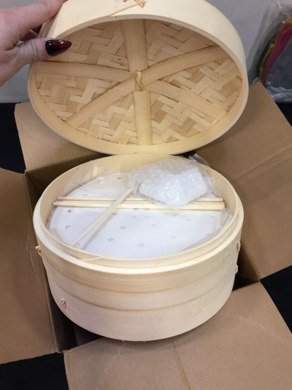 Photo 2 of 10 Inch Handmade Bamboo Steamer - Two Tier Baskets - Dim Sum Dumpling & Bao Bun Chinese Food Steamers - Steam Baskets For Rice, Vegetables, Meat & Fish Included 2 Sets Chopsticks, 20 Liners & Sauce Dish