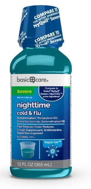 Photo 1 of Amazon Basic Care Vapor Ice Nighttime Severe Cold and Flu, Pain Reliever and Fever Reducer, Nasal Decongestant, Antihistamine and Cough Suppressant, 12 Fluid Ounces 2 pack 
exp 12/2022