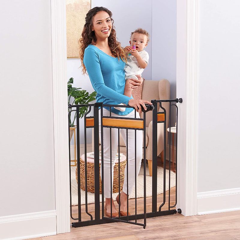 Photo 1 of Regalo Home Accents Extra Tall and Wide Baby Gate, Bonus Kit, Includes Décor Hardwood, 4-Inch Extension Kit, 4-Inch Extension Kit, 4 Pack Pressure Mount Kit and 4 Pack Wall Cups and Mounting Kit
