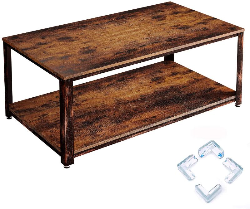 Photo 1 of Rolanstar Coffee Table, Rustic Coffee Table with Storage Shelf for Living Room, Wood Look Accent Furniture with Stable Metal Frame Rustic Brown