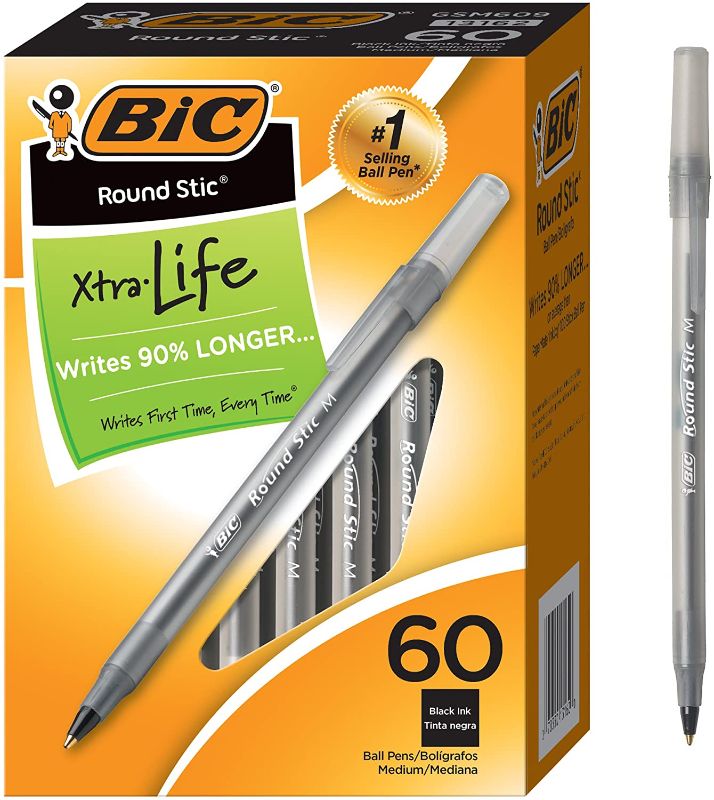 Photo 1 of BIC Round Stic Xtra Life Ballpoint Pen, Medium Point (1.0mm), Black, Flexible Round Barrel For Writing Comfort, 60-Count
