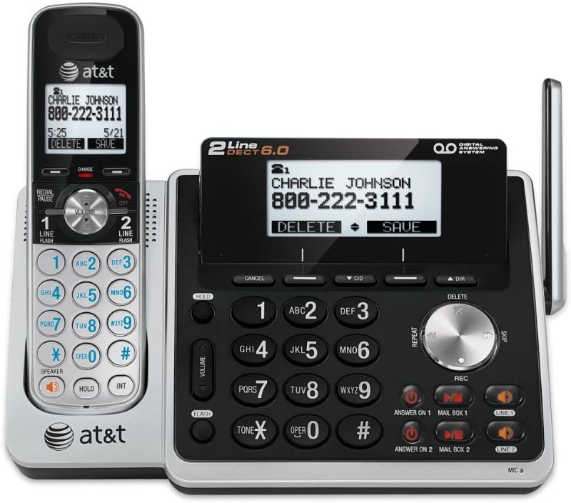 Photo 1 of AT&T TL88102 DECT 6.0 2-Line Expandable Cordless Phone with Answering System and Dual Caller ID/Call Waiting, 1 Handset, Silver/Black
