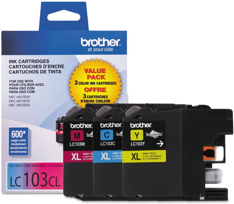 Photo 1 of Brother Genuine High Yield Color Ink Cartridge, 3 Pack of LC103 , Replacement Color Ink Three Pack, Includes 1 Cartridge Each of Cyan, Magenta & Yellow, Page Yield Upto 600 Pages/Cartridge, LC103
