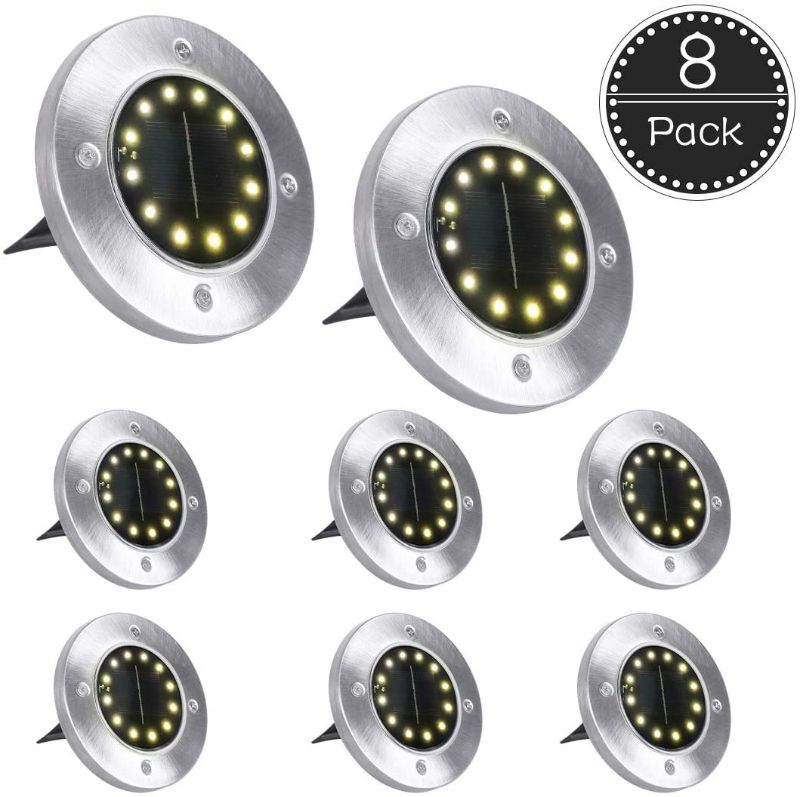 Photo 1 of 5 BOXES OF 8 Pack Solar Ground Lights, 12 Led Solar Powered Disk Lights Outdoor Waterproof Garden Landscape Lighting for Yard, Pathway, Deck, Patio, Flood, Walkway
