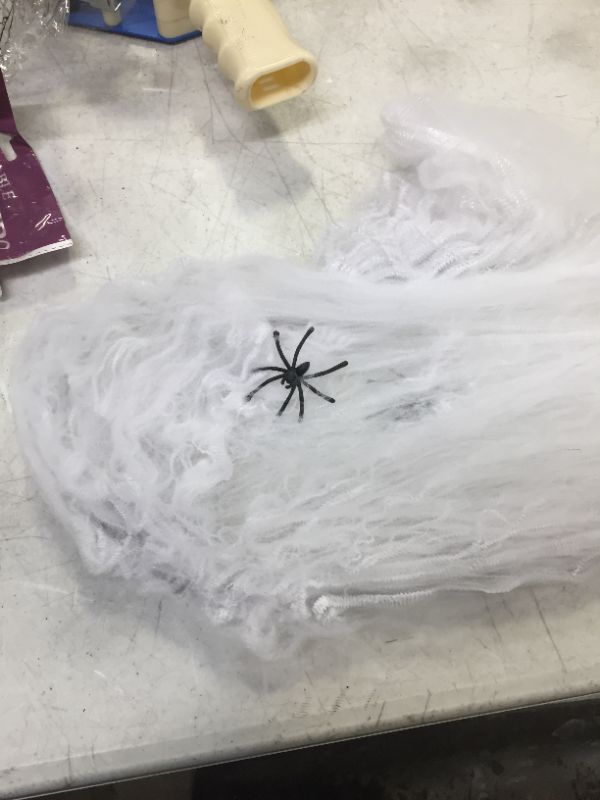 Photo 2 of 5 pack of SeasonsTrading White Stretchable Spider Web with Spiders - Halloween Decoration
