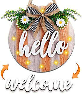 Photo 1 of AerWo Welcome Sign for Front Door Decor, Interchangeable Rustic Hello Sign Farmhouse Front Porch Decor Door Sign for Independence Day Home Outdoor Holiday Decoration - MISSING THE LED LIGHTS 