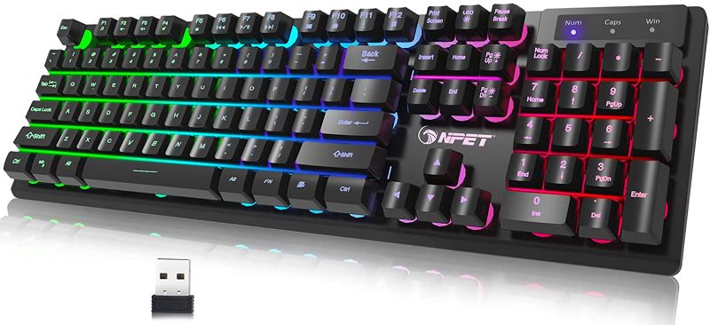 Photo 1 of NPET K11 Wireless Gaming Keyboard, Rechargeable Backlit Ergonomic Water-Resistant Mechanical Feeling Keyboard, 2.4G Wireless Ultra-Slim Rainbow LED Backlit Keyboard for PS4, Xbox One, Desktop, PC
