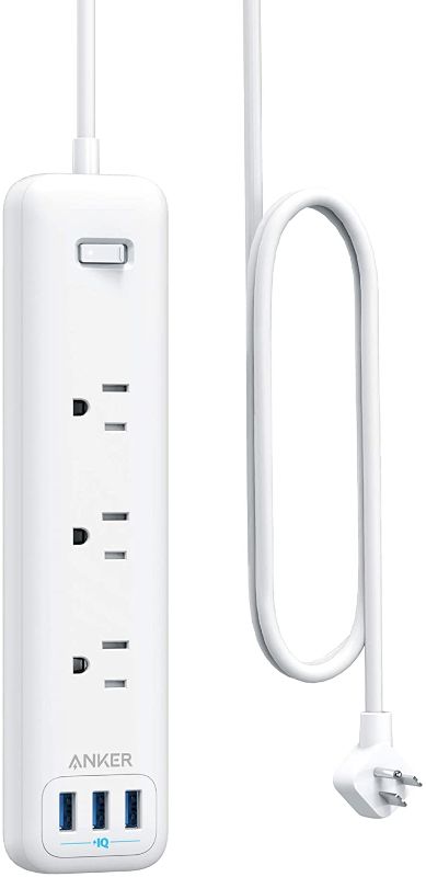Photo 2 of Anker Power Strip with USB, 3-Outlet & 3 PowerIQ USB Power Strip, PowerPort Strip 3 with 5 Foot Long Extension Cord, Flat Plug, Safety Shutter, for Home, Office
