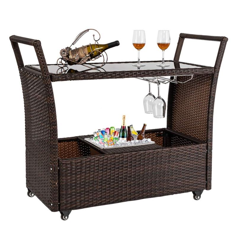 Photo 3 of Bonnlo Outdoor Wicker Bar Cart with Wheels and Ice Bucket, Rolling Patio Wine Cart Rattan Bar Serving Cart with Glass Top and Wine Glass Holder for Pool, Party, Backyard, Porch
