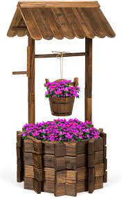 Photo 3 of  Wooden Wishing Well Planter Home Décor w/Hanging Bucket BROWN WOOD 