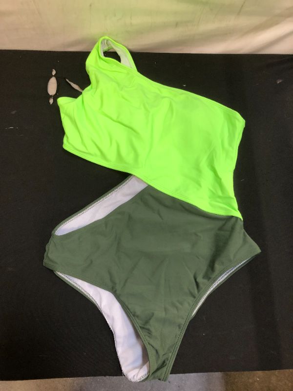 Photo 1 of WOMENS ONE PIECE ONE OFF SHOULDER BATHING SUIT NEON GREEN/OLIVE
SIZE MEDIUM