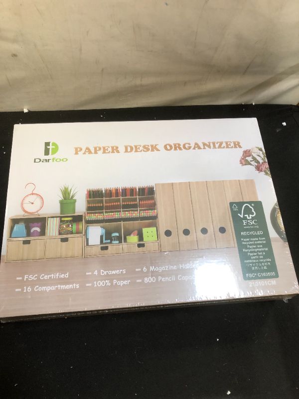 Photo 1 of Desk Organizer Set with 6 Magazine File Holder Organizer 4 Drawers & 16 Compartments - Huge Capacity Pen organizer for Home, School, Office Supplies, FSC Certified Cardboard, DIY Project, Wood Color
